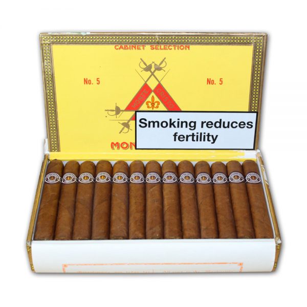 Montecristo No. 5 cigars neatly arranged in branded box