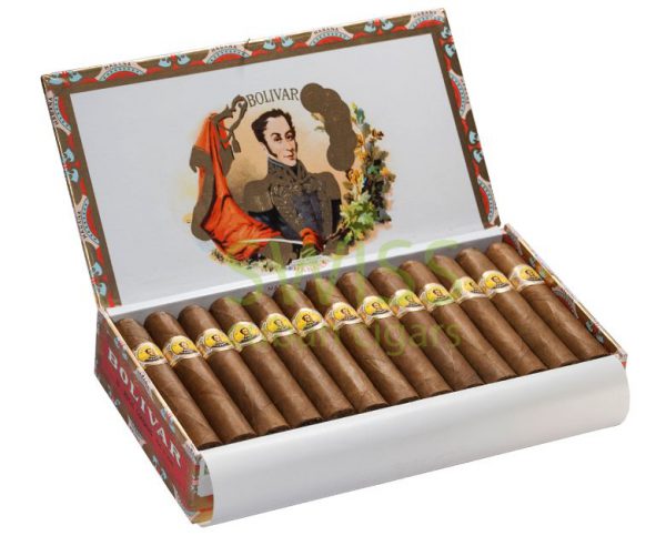 Bolívar Royal Coronas open box with robusto cigars neatly arranged