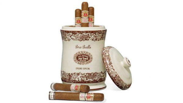 Hand-painted H. Upmann Sevilla Jar with lid open, showing cigars inside